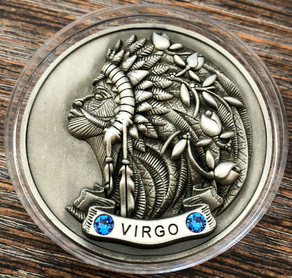 My Zodiac Coin - VIRGO - Swarovski® Crystals, 3D, Glow-In-Dark - Antique Silver