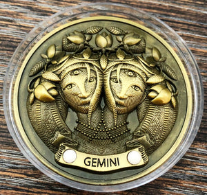 My Zodiac Coin - GEMINI - Swarovski® Crystals, 3D, Glow-In-The-Dark - Gold