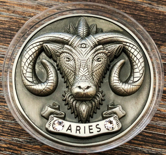 My Zodiac Coin - ARIES - Swarovski® Crystals, 3D, Glow-In-Dark - Antique Silver