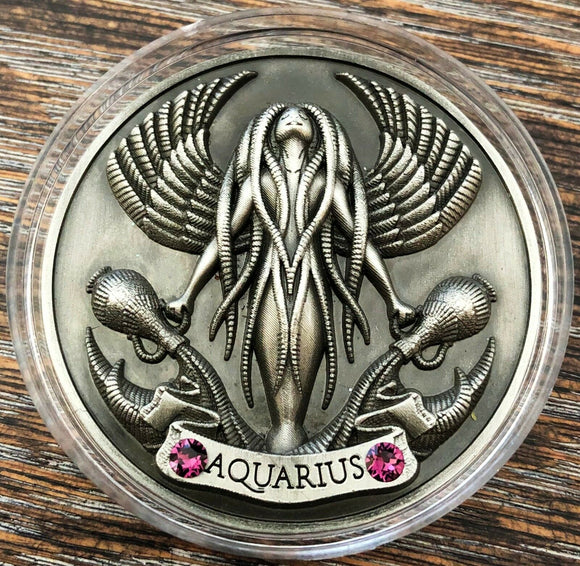 My Zodiac Coin, AQUARIUS - Swarovski® Crystals, 3D, Glow-In-Dark, Antique Silver